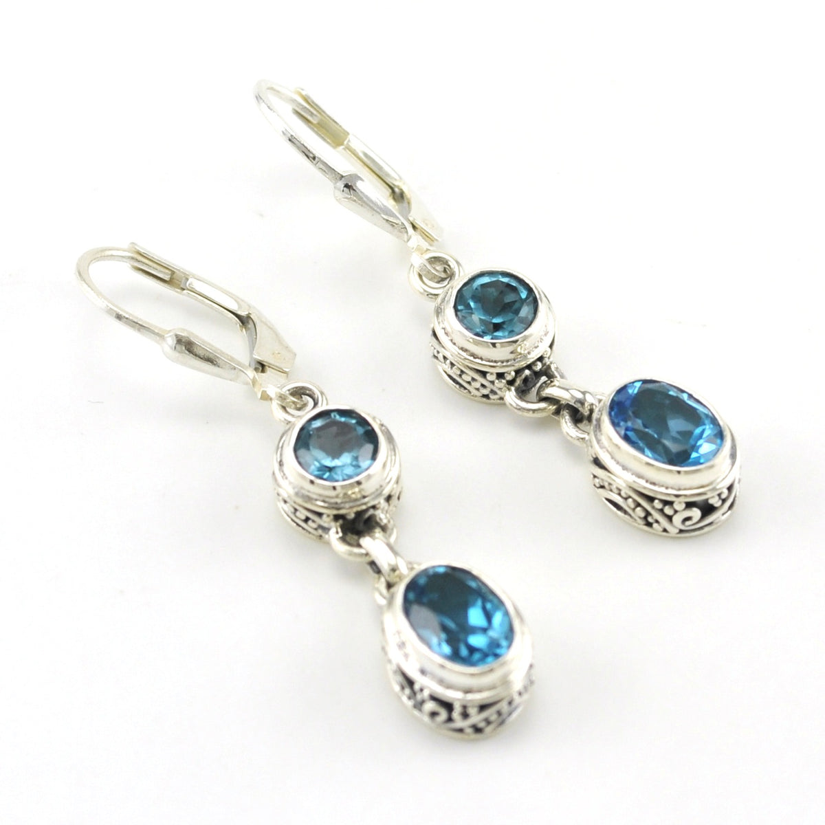 Sterling Silver Blue Topaz Round Oval Bali Dangle Earrings