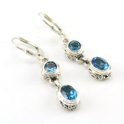 Sterling Silver Blue Topaz Round Oval Bali Dangle Earrings