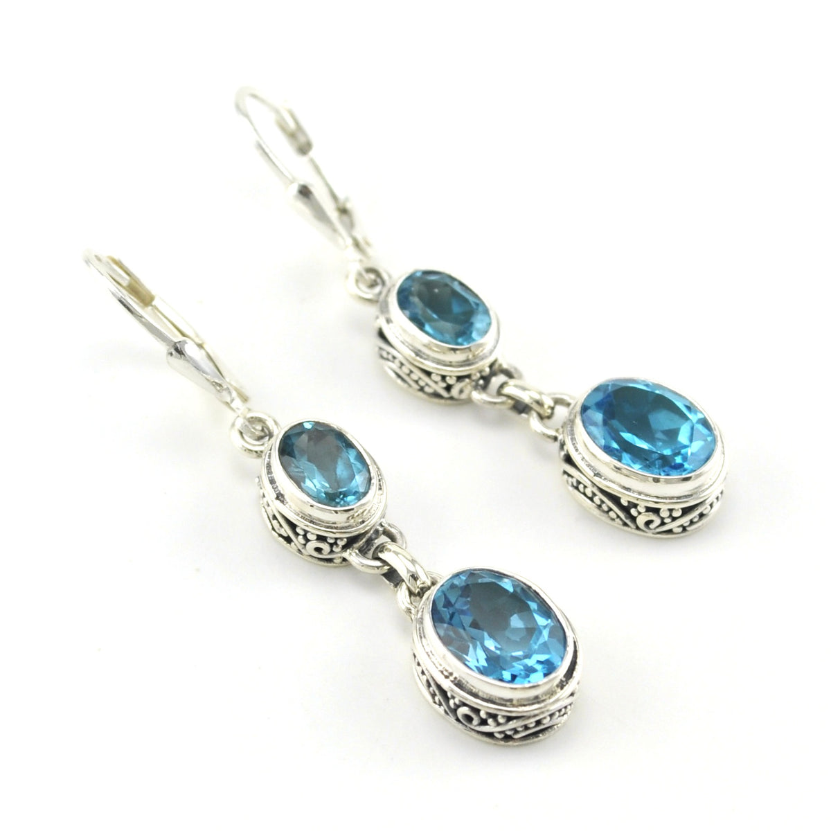 Sterling Silver Blue Topaz 2 Oval Bali Dangle Earrings