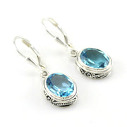 Sterling Silver Blue Topaz 8x10mm Oval Bali Dangle Earrings