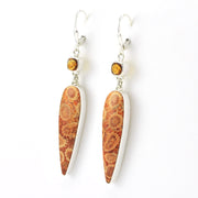 Side View Sterling Silver Fossil Coral with Square Citrine Dangle Earrings