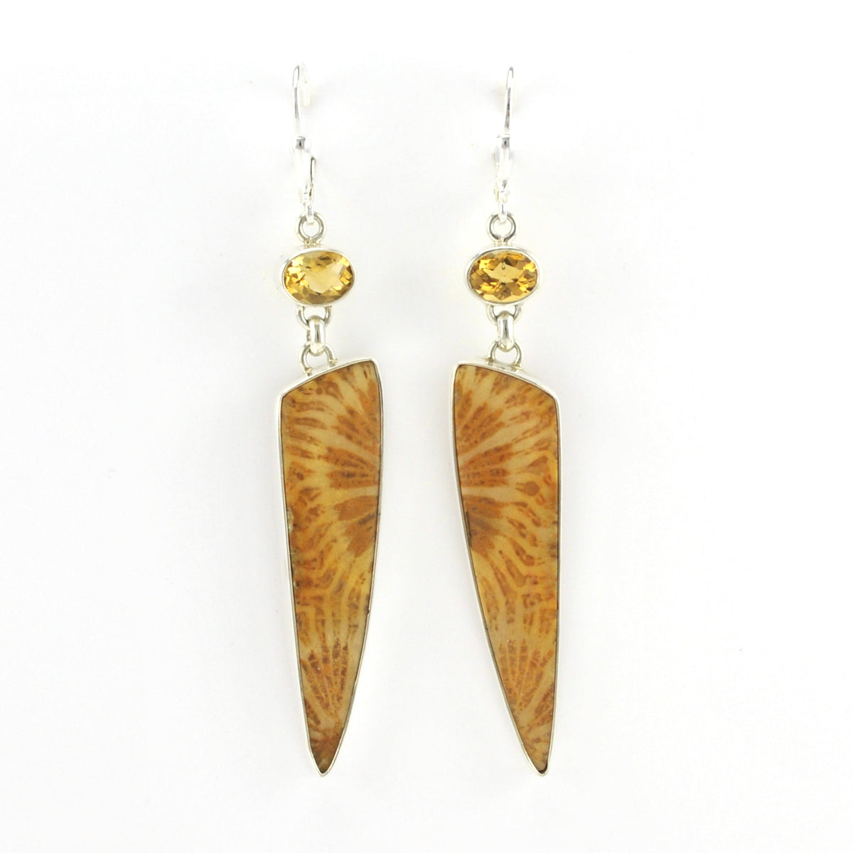 Alt View Sterling Silver Fossil Coral with Oval Citrine Dangle Earrings