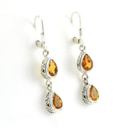Side View Sterling Silver Citrine 2 Tear Bali Dangle Earrings