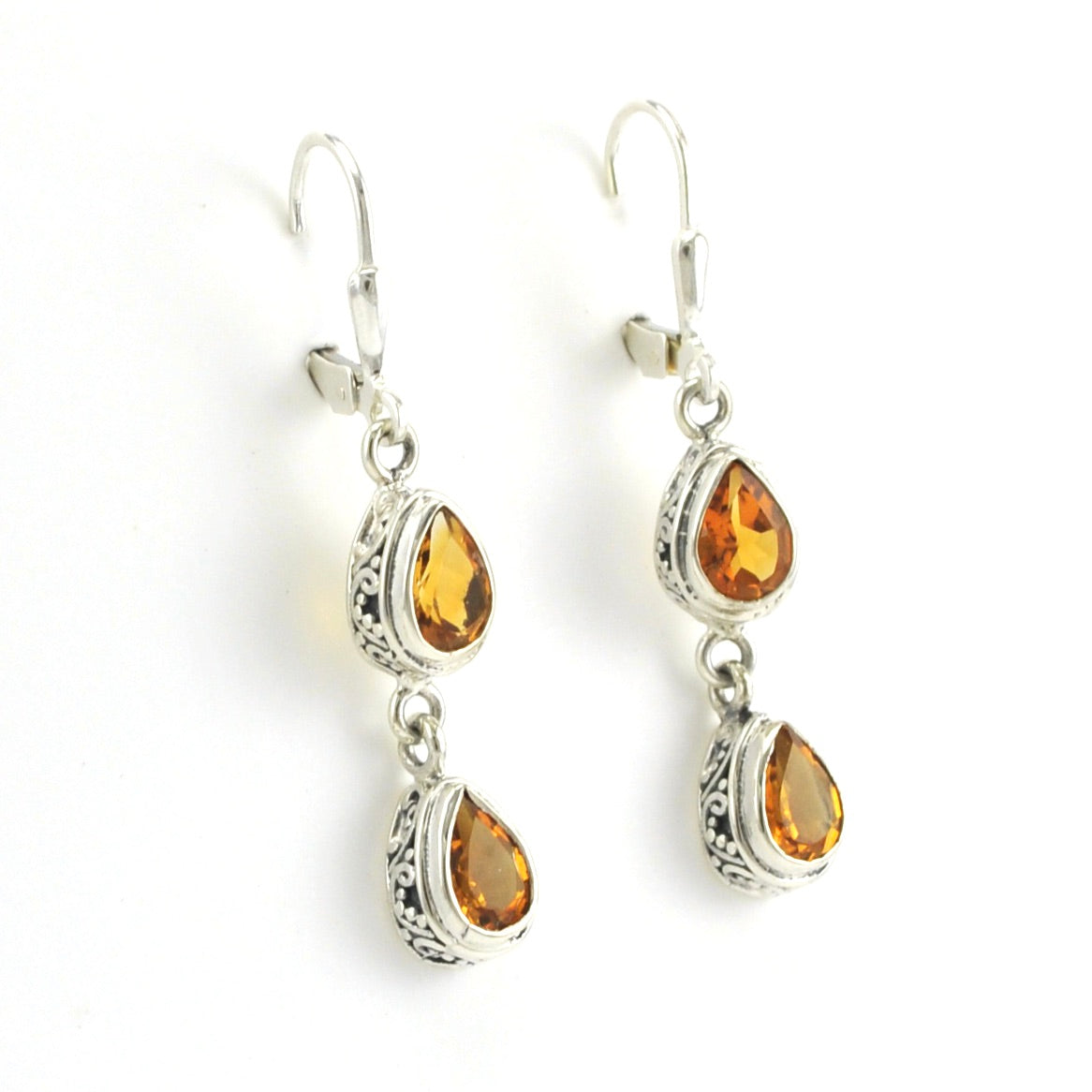 Side View Sterling Silver Citrine 2 Tear Bali Dangle Earrings