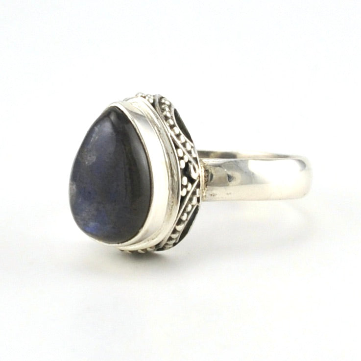Sterling Silver Labradorite 8x11mm Tear Bali Ring