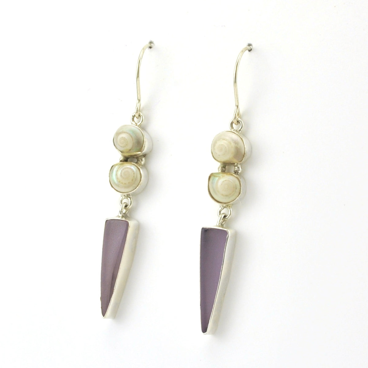 Side View Sterling Silver Malabar Shell Lavender Sea Glass Earrings