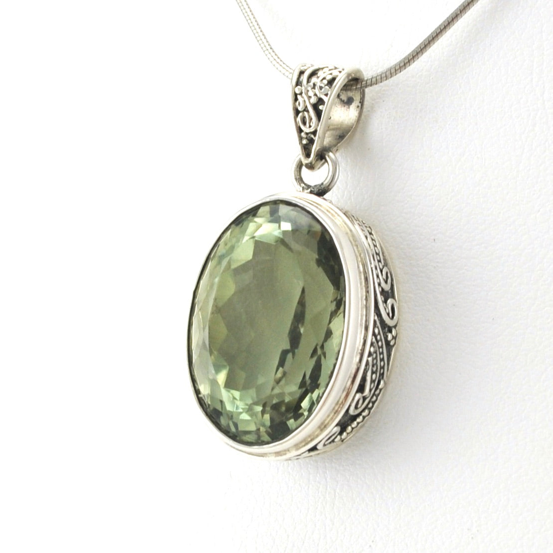 Sterling Silver Green Amethyst 13x20mm Oval Bali Pendant
