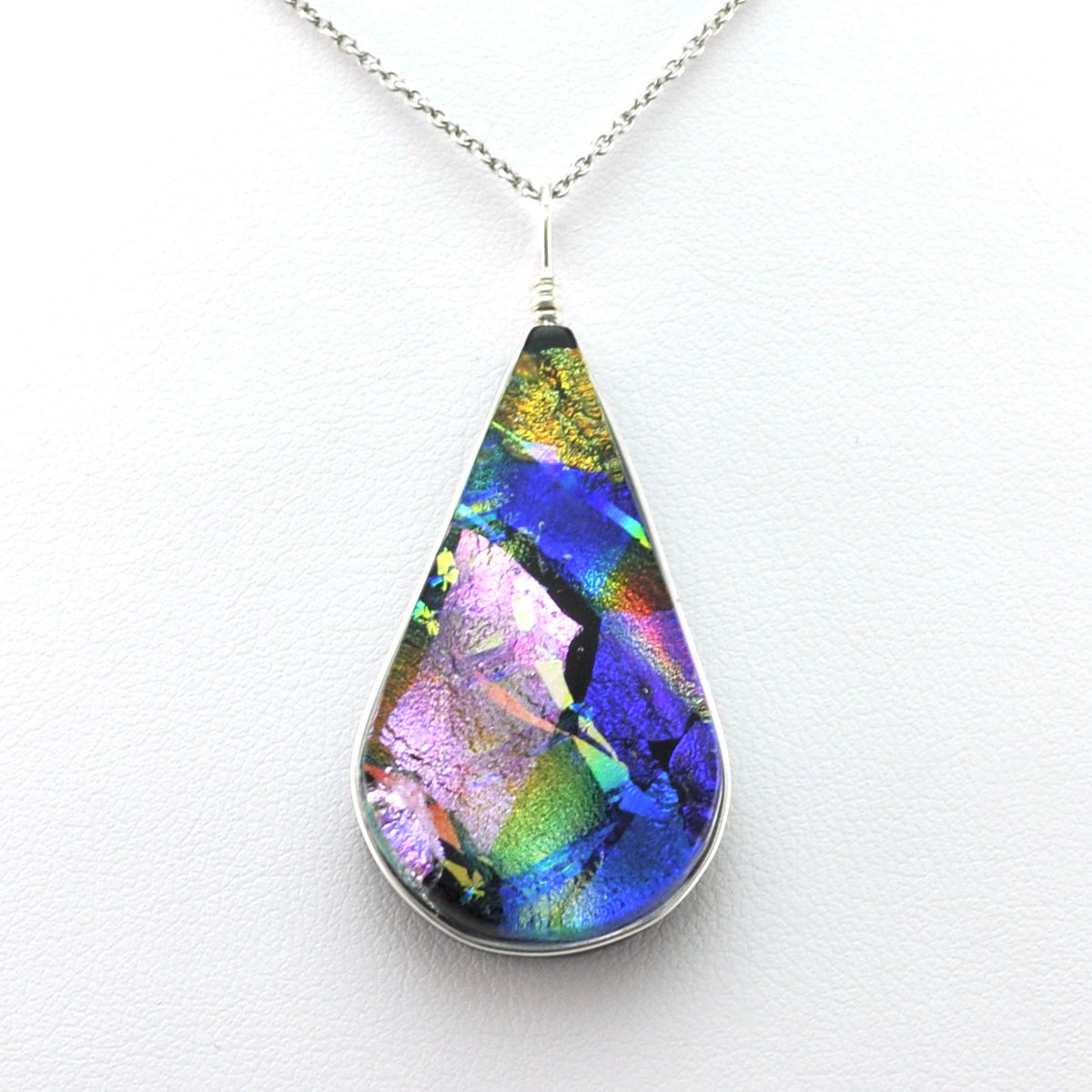 Alternate View Dichroic Glass Crazy Quilt Teardrop Pendant