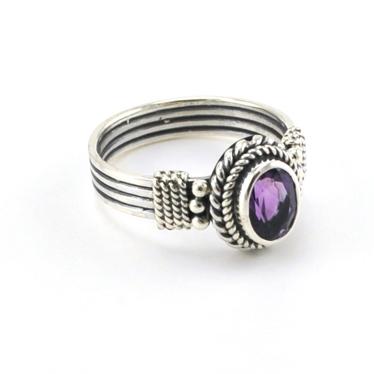 Side View Sterling Silver Amethyst 6x8mm Oval Bali Ring