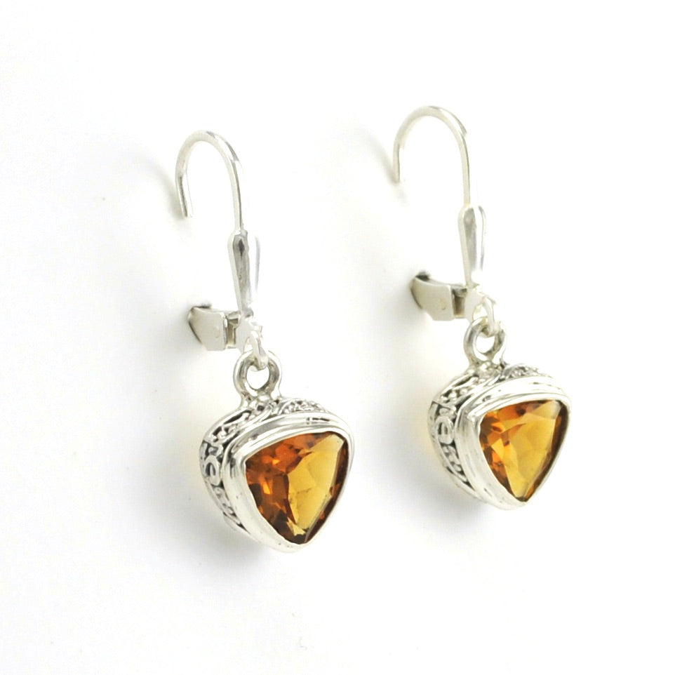 Side View Sterling Silver Citrine 8mm Trillion Bali Dangle Earrings