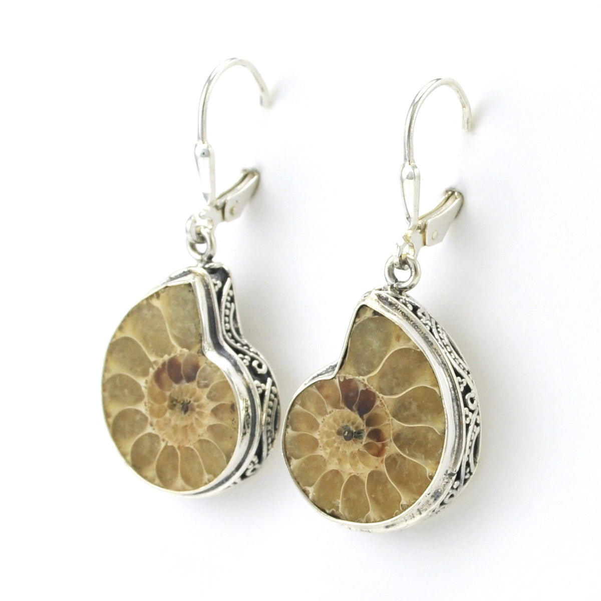 Side View Sterling Silver Ammonite Bali Dangle Earrings
