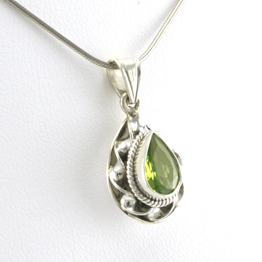 Side View Sterling Silver Peridot 6x9mm Tear Pendant