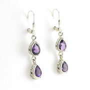 Side View Sterling Silver Amethyst 2 Tear Bali Dangle Earrings