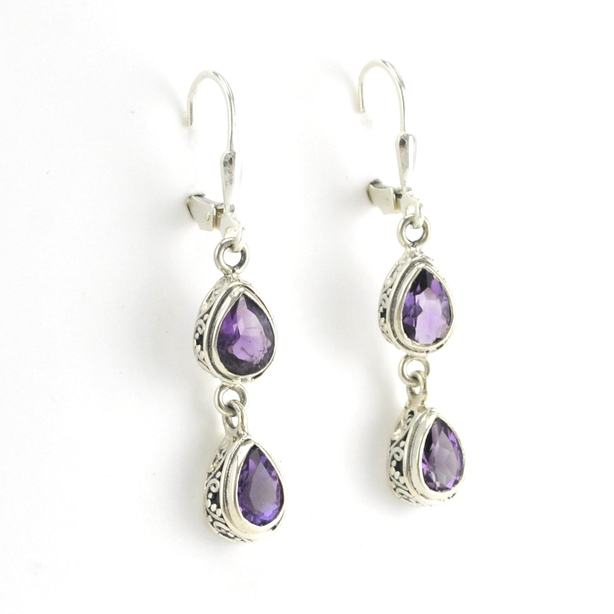 Side View Sterling Silver Amethyst 2 Tear Bali Dangle Earrings