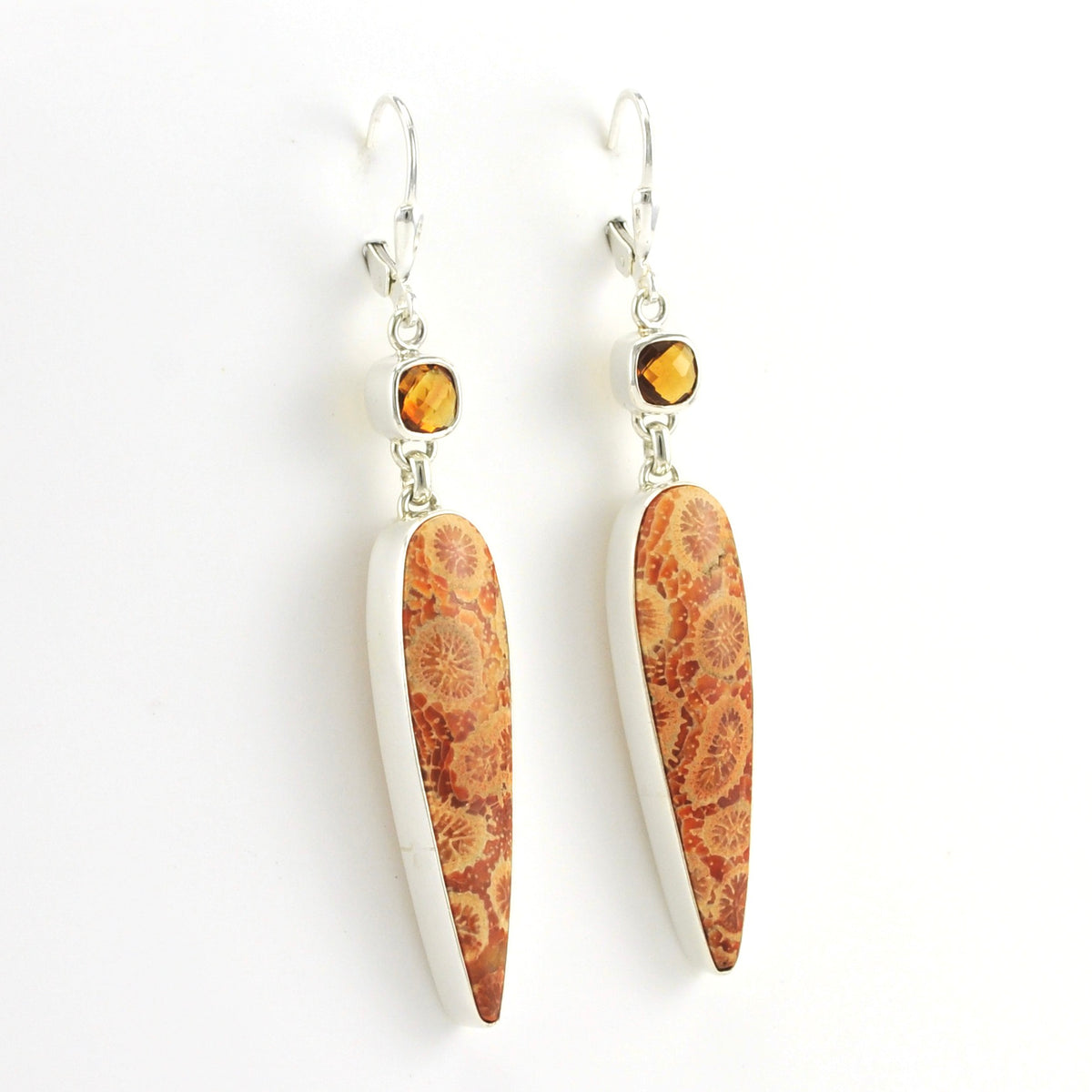 Side View Sterling Silver Fossil Coral with Square Citrine Dangle Earrings