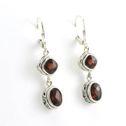 Side View Sterling Silver Garnet Square Oval Bali Dangle Earrings