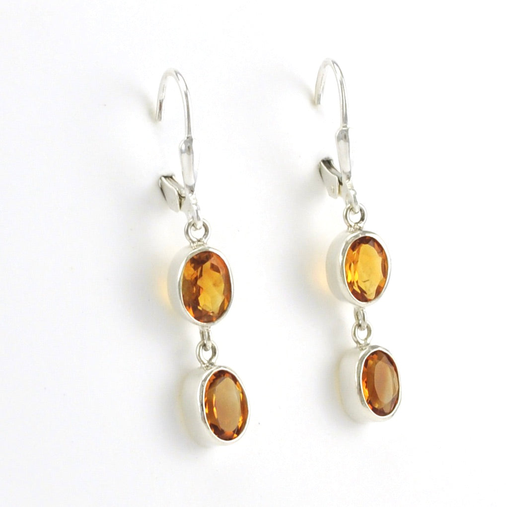 Side View Sterling Silver Citrine 2 Oval Dangle Earrings