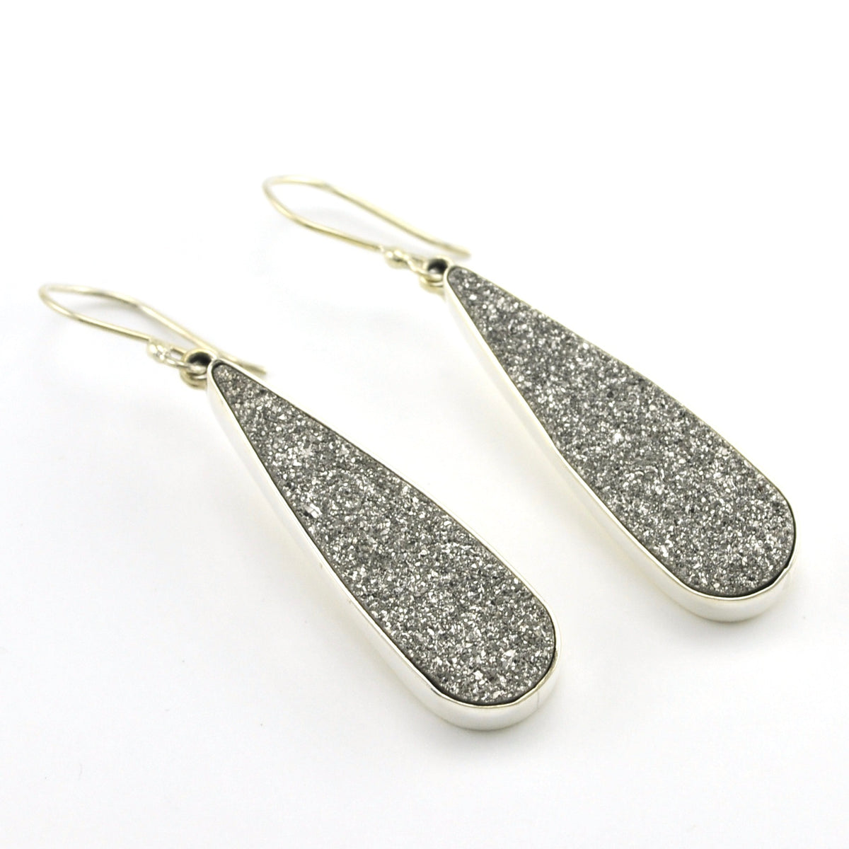 Sterling Silver Platinum Druzy Long Tear Earrings