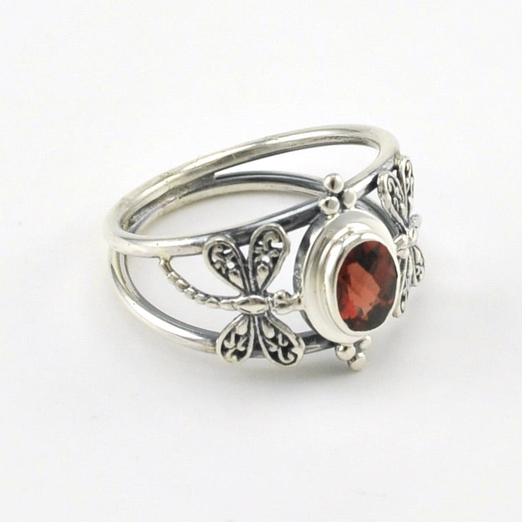 Alt View Sterling Silver Garnet 5x7mm Oval Dragonfly Ring 