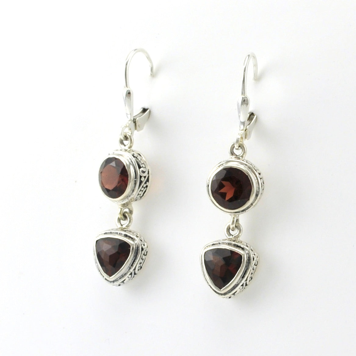 Side View Sterling Silver Garnet Round Trillion Bali Dangle Earrings