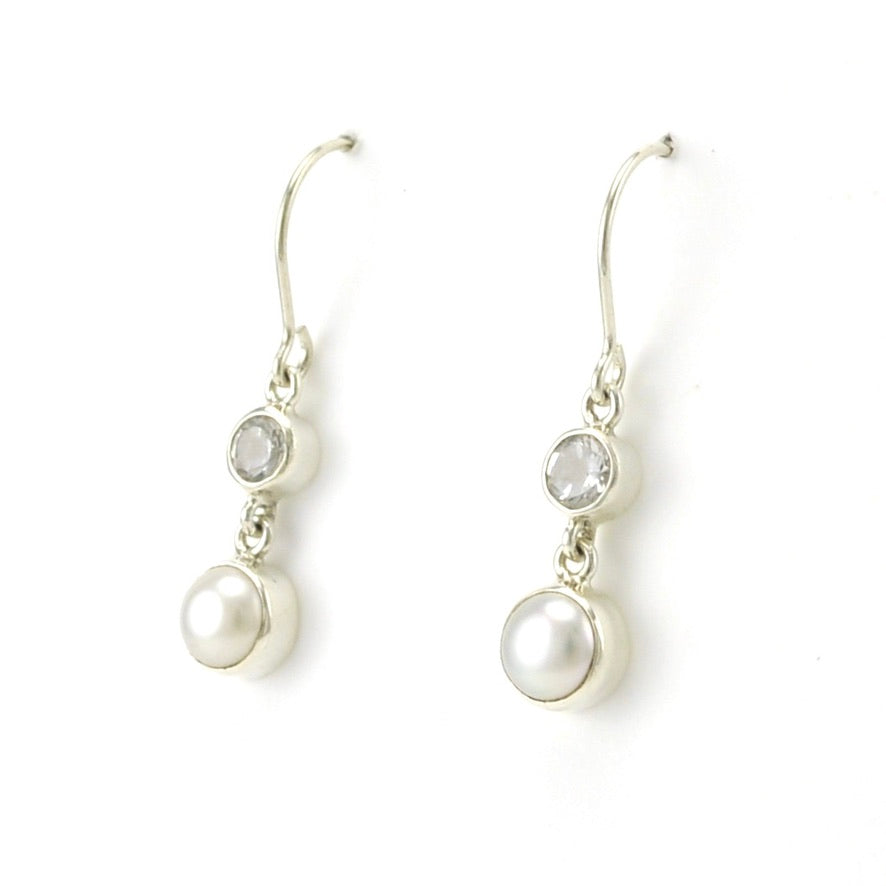 Side View Sterling Silver Pearl White Topaz Dangle Earrings
