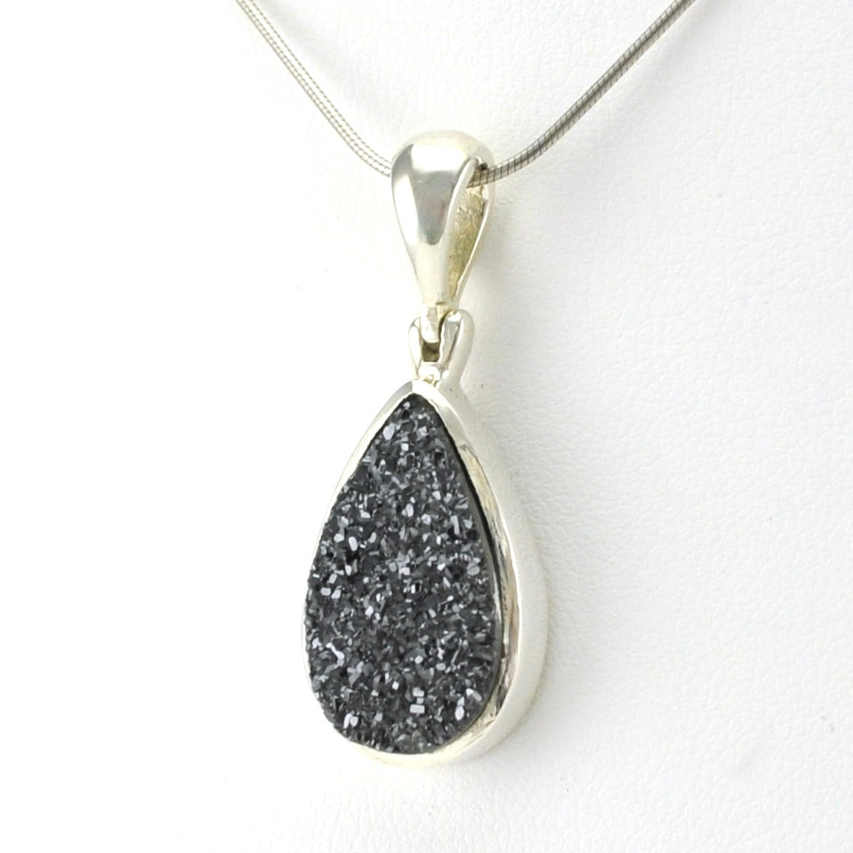 Sterling Silver Charcoal Druzy Agate Tear Pendant