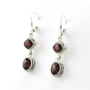 Side View Sterling Silver Garnet Square Oval Bali Dangle Earrings