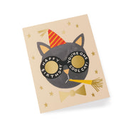 Birthday card with a cat illustration wearing sunglasses and a party hat on a beige background.