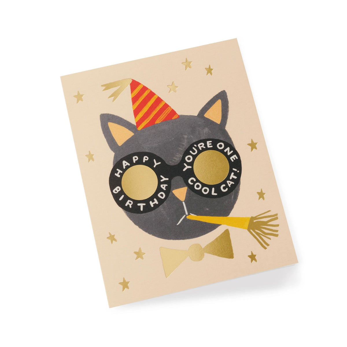 Birthday card with a cat illustration wearing sunglasses and a party hat on a beige background.