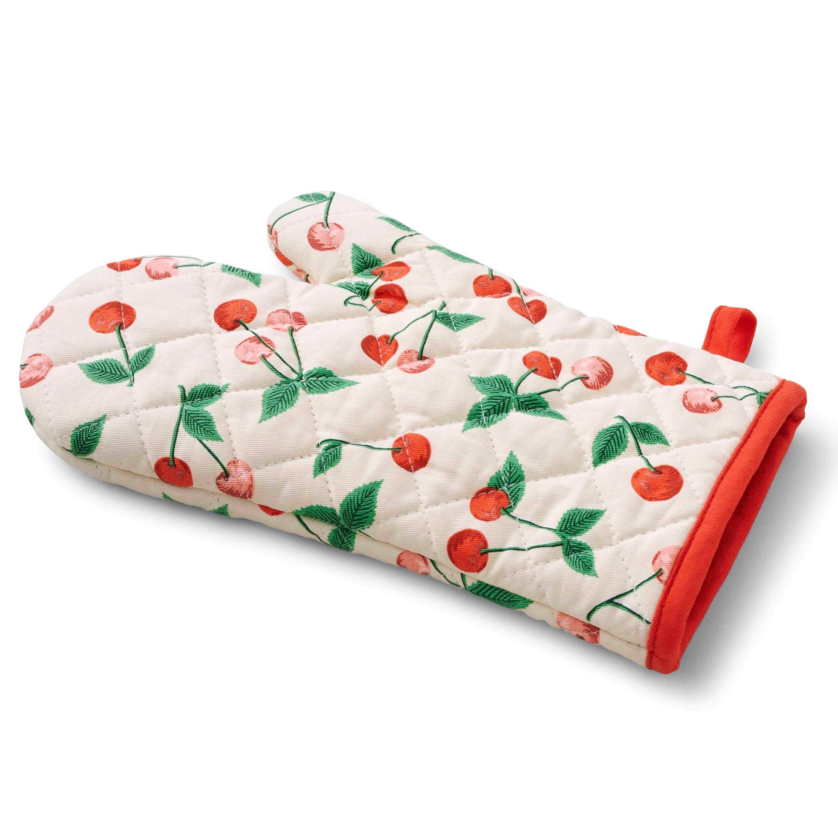Oven mitt with cherry pattern on a white background