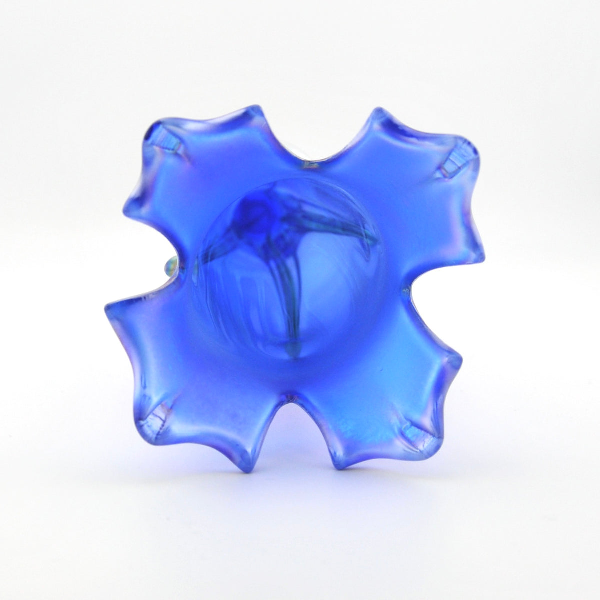 Blue glass vase with a unique design on a white background