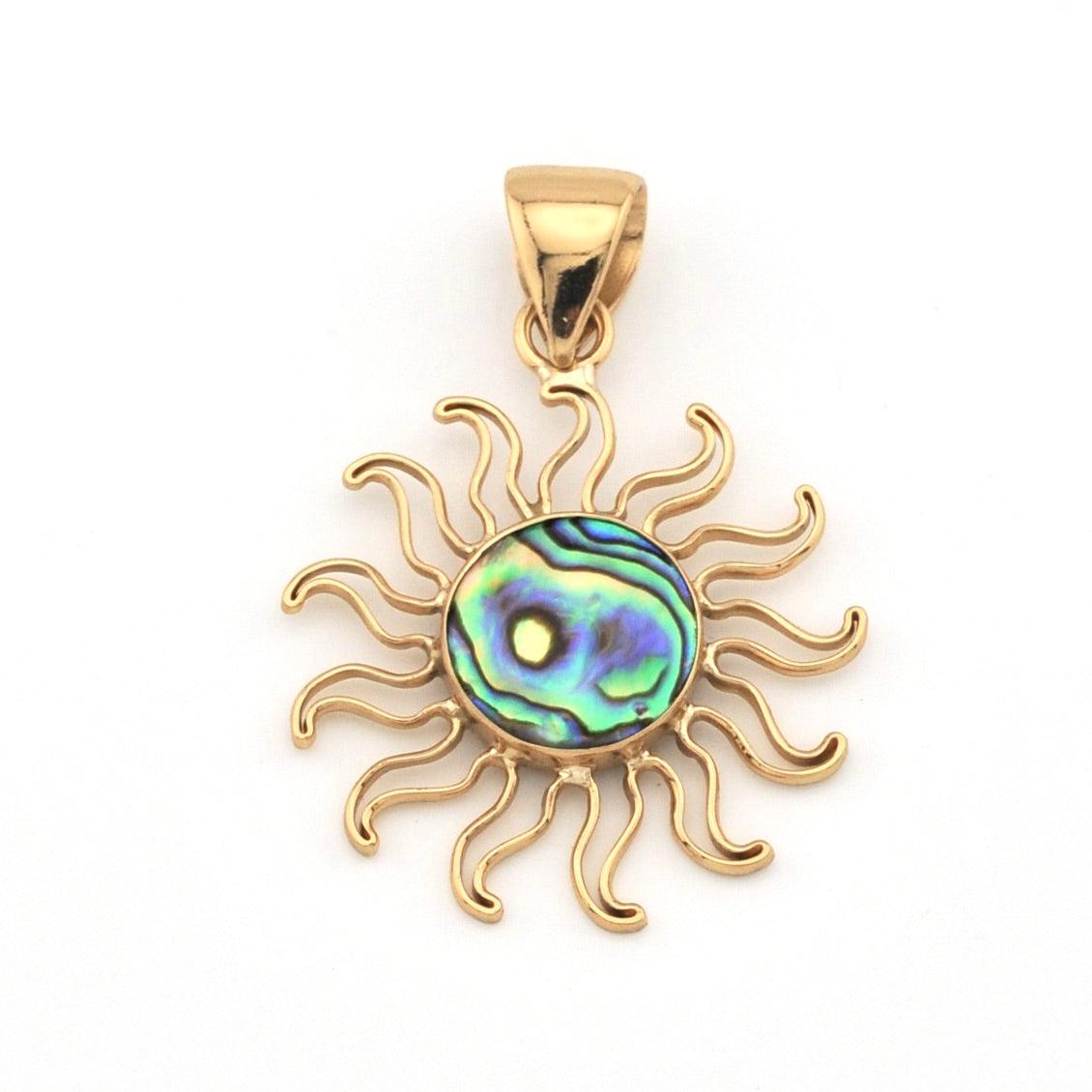 Gold sun-shaped pendant with a colorful center on a white background