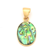 Gold pendant with a colorful stone on a white background