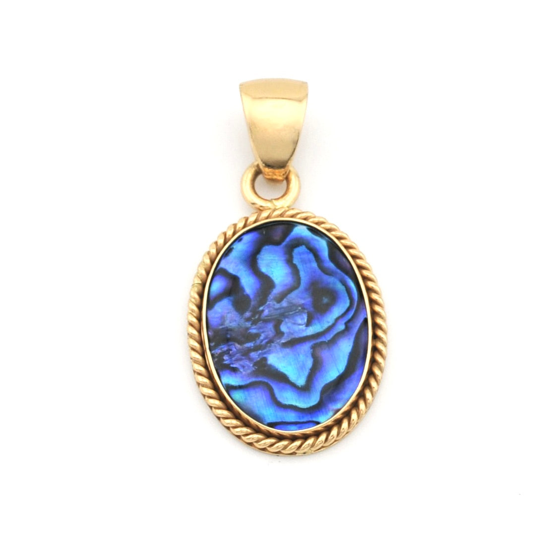 Gold pendant with a blue stone on a white background
