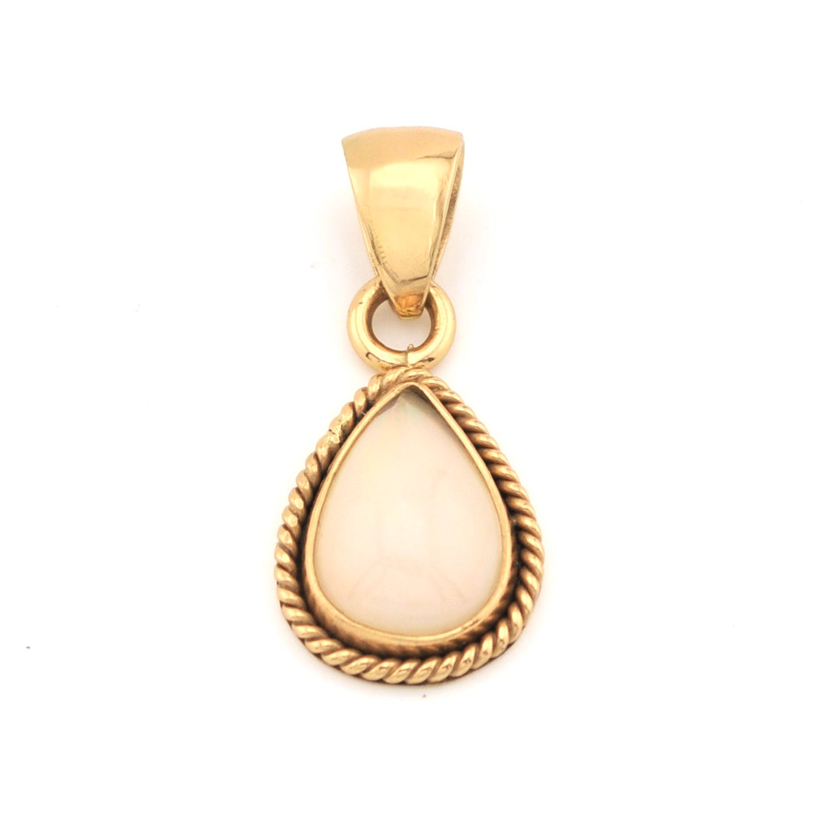 Gold pendant with a white stone on a white background