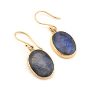 Gold earrings with blue gemstones on a white background