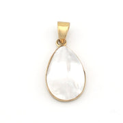 Gold pendant with a white teardrop-shaped stone on a white background