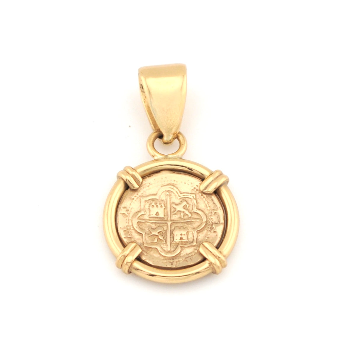 Gold pendant with intricate design on a white background
