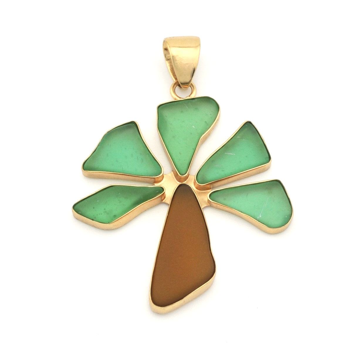 Gold pendant with green and brown stone on a white background