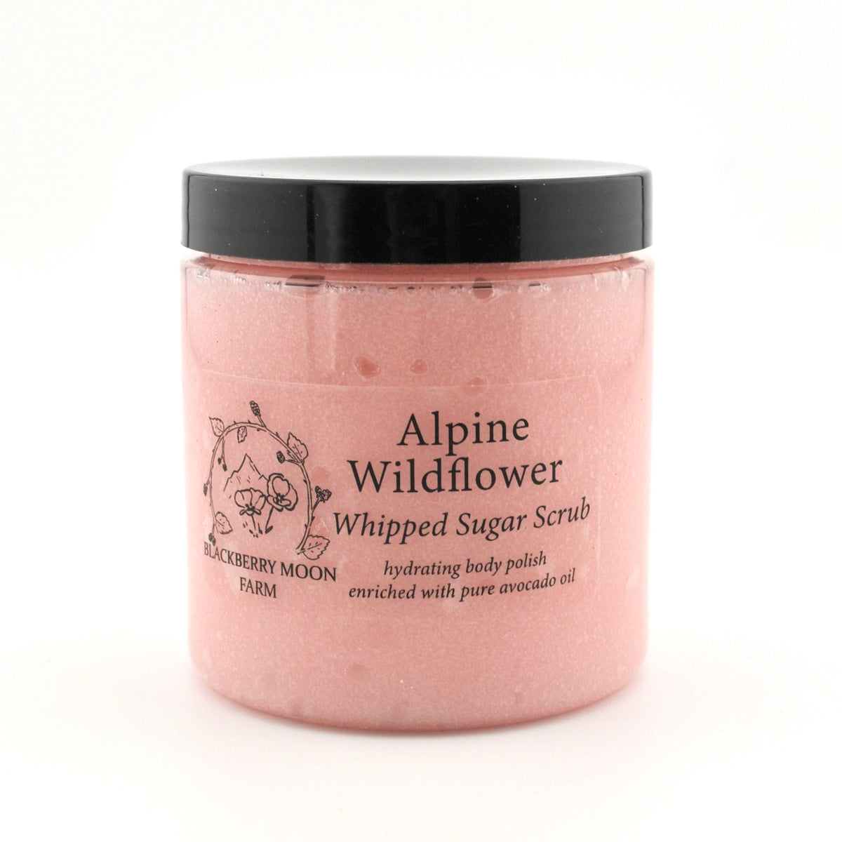 Jar of Alpine Wildflower Whipped Sugar Scrub with black lid on a white background