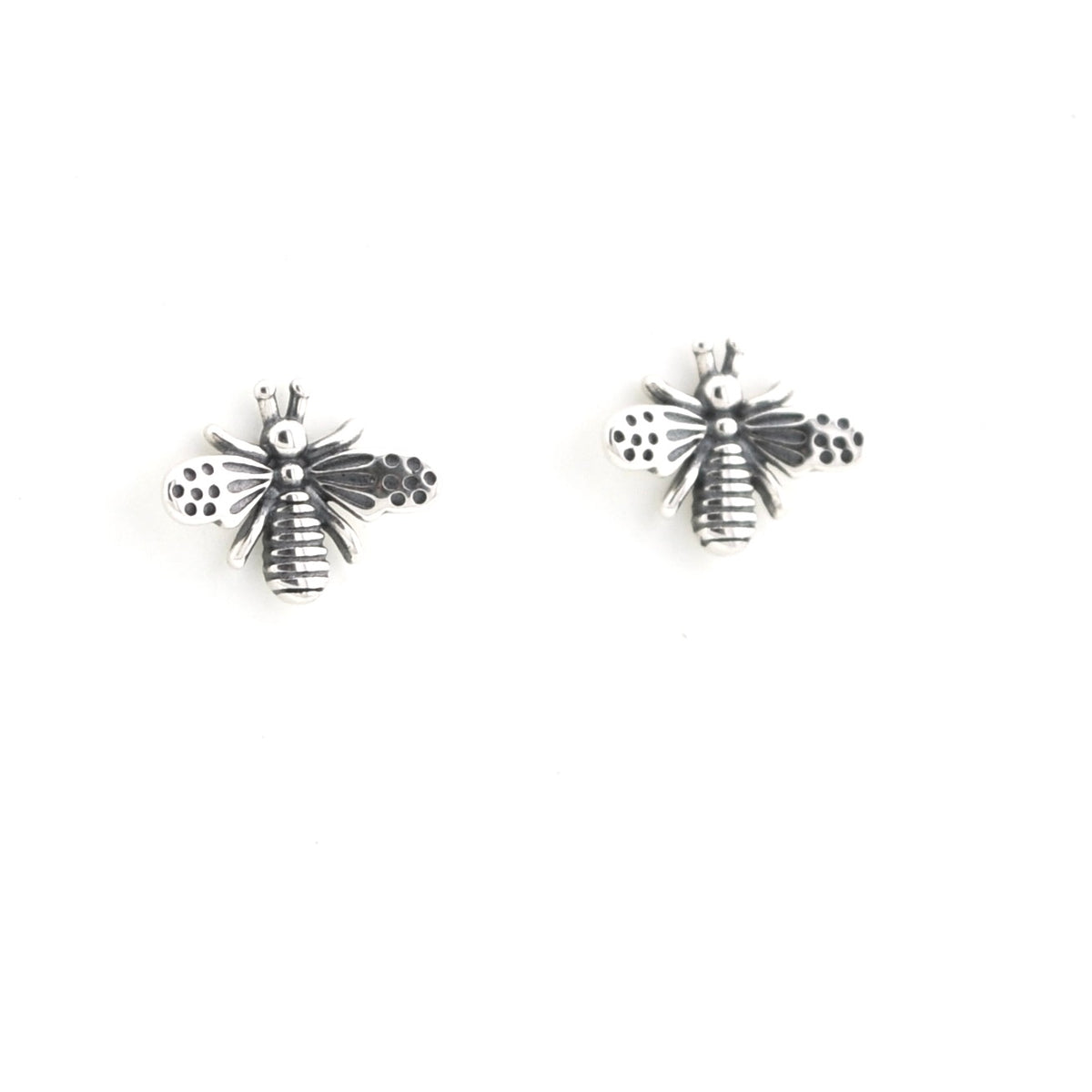 A pair of silver bee stud earrings with textured wings and antennae, displayed on a clean white background.