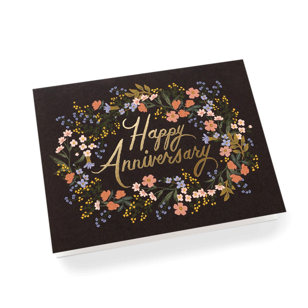 Greeting card with floral design and 'Happy Anniversary' text on a black background