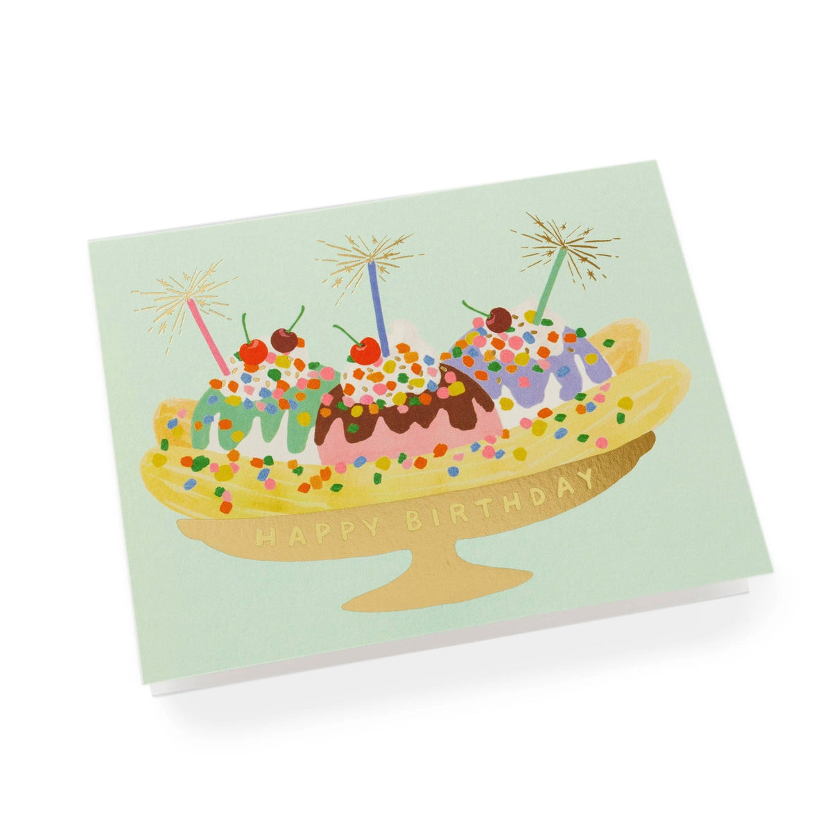 Greeting card with a birthday cake illustration on a light green background
