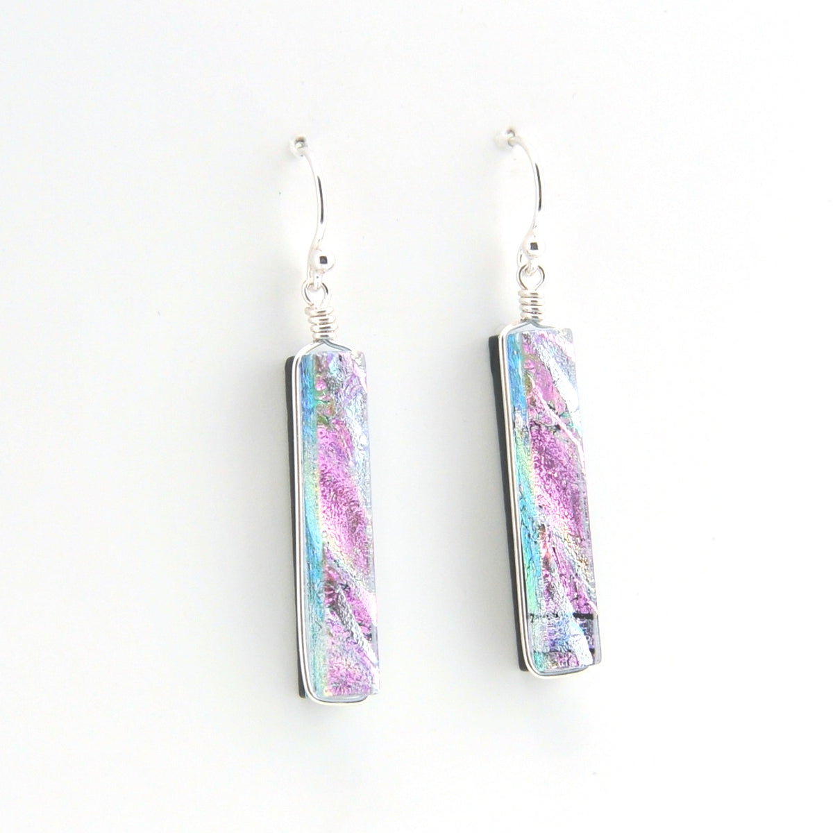 Alternate View Dichroic Glass Pink Rectangular Earrings