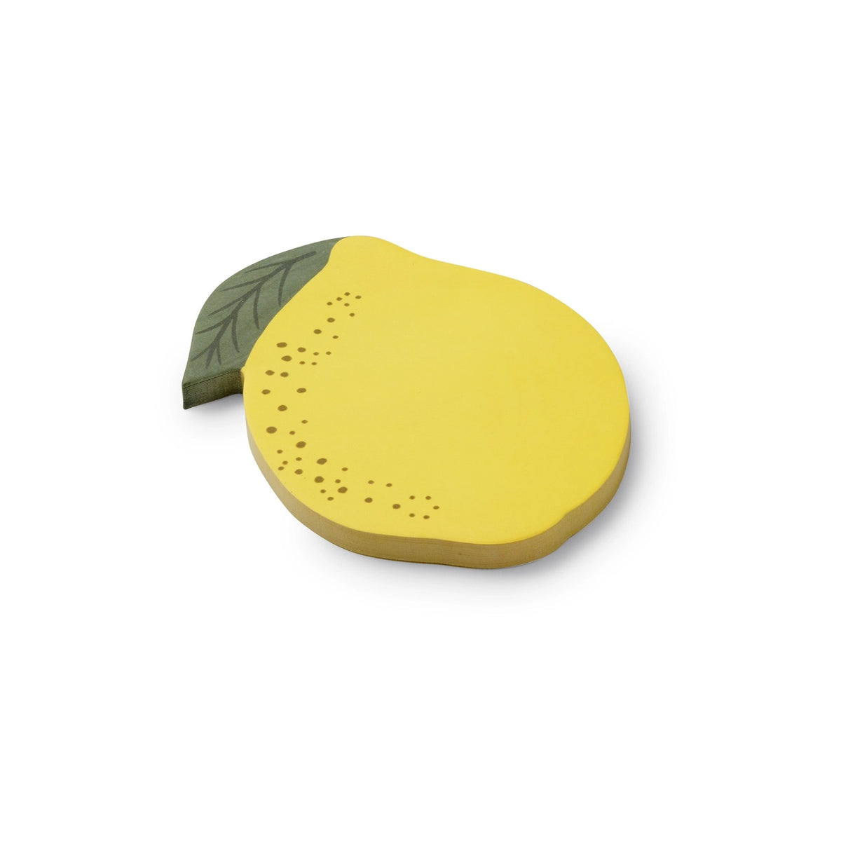 Yellow lemon with a green leaf sticky noteson a white background