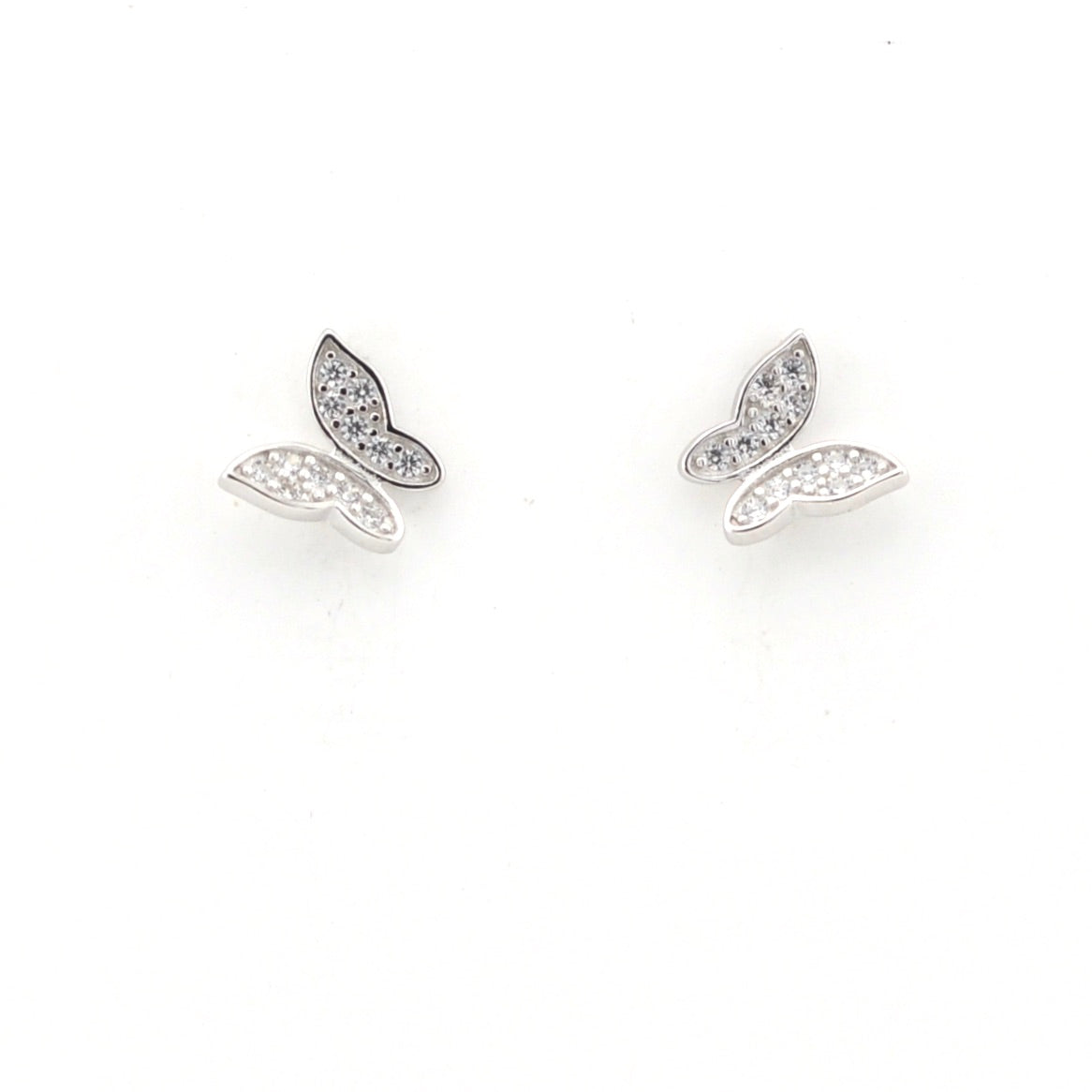 Silver butterfly-shaped earrings on a white background