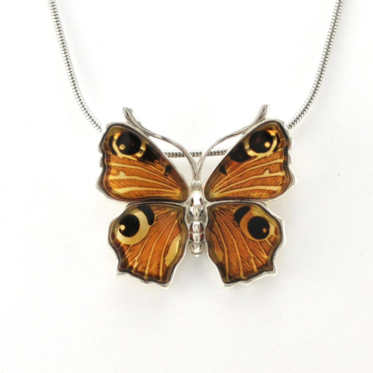 Alternate View Silver Peacock Amber Butterfly Pendant