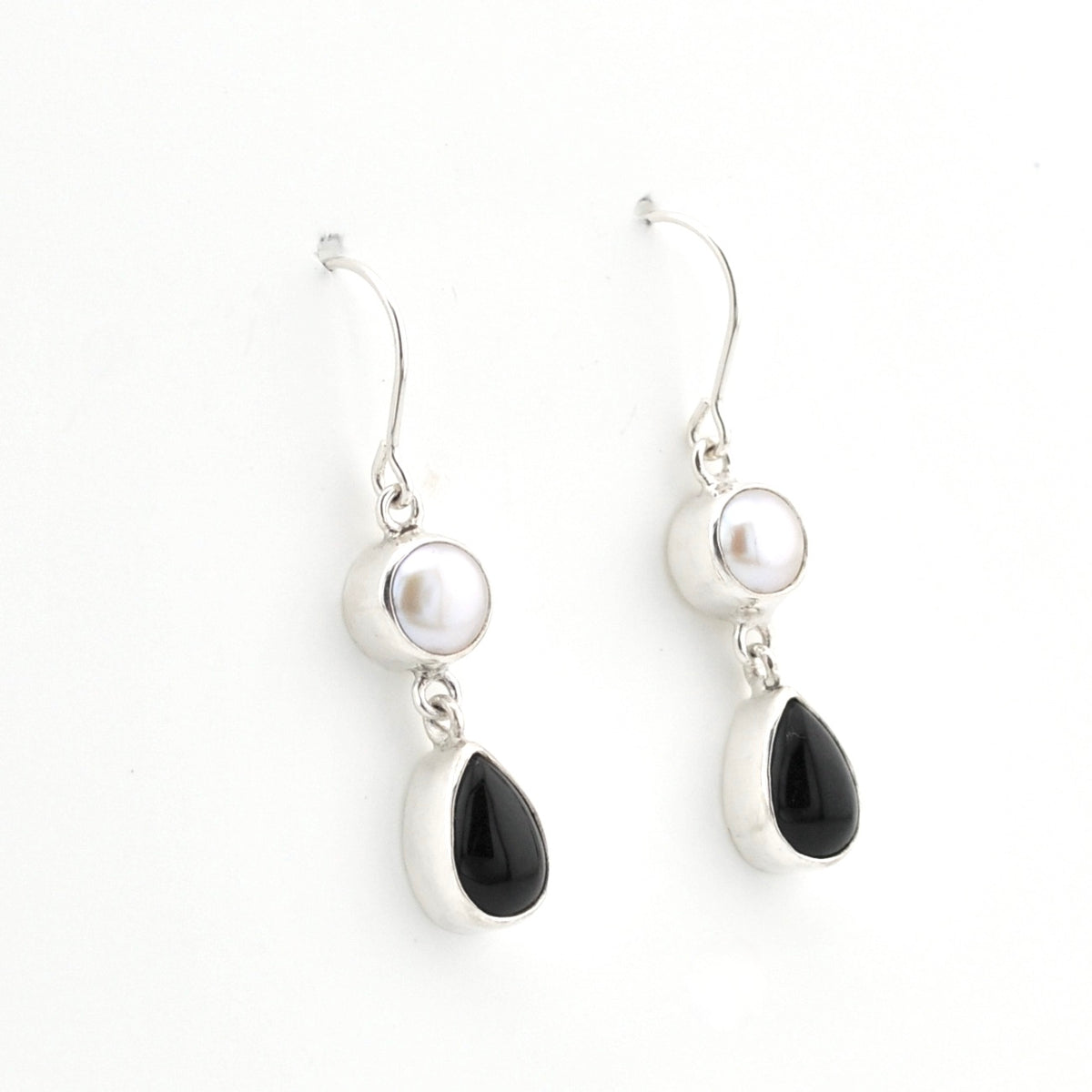 Silver Pearl Black Onyx Dangle Earrings on white background