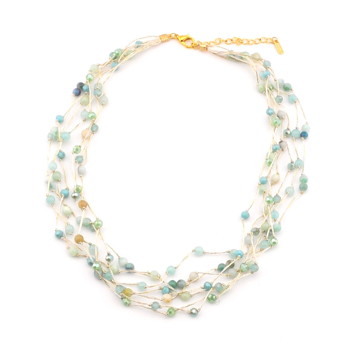 Aqua Multi Strand Beaded Silk Necklace