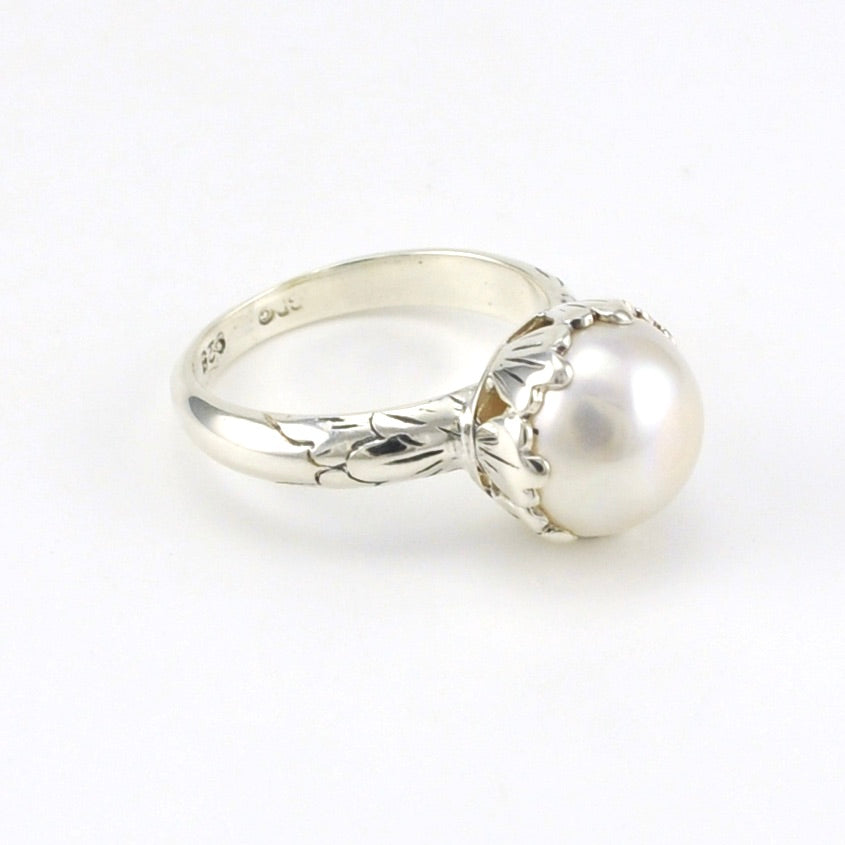 Side View Sterling Silver White Pearl Ring